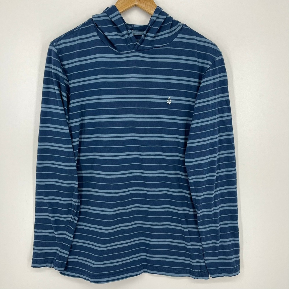 Volcom Mens Blue Striped Long‎ Sleeve Hooded T-Shirt Size Small Pullover